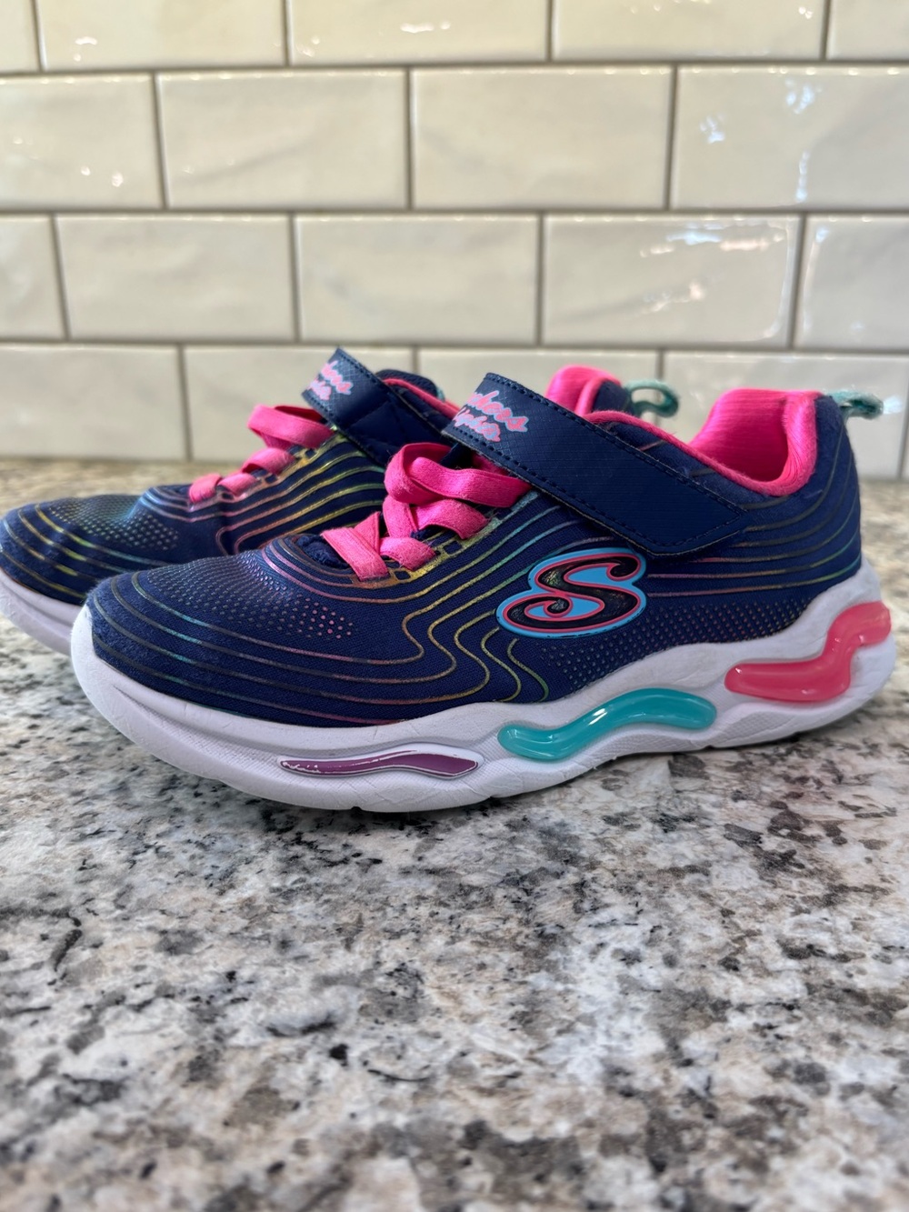 Skechers S-Lights Girls Light-Up Sneakers Navy Pink Size 1.5